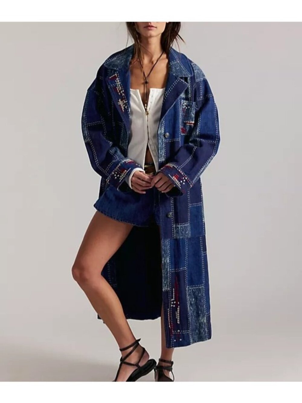 Free People Open Studio Duster Patchwork Boho Chic Festival Jacket Womens XS S